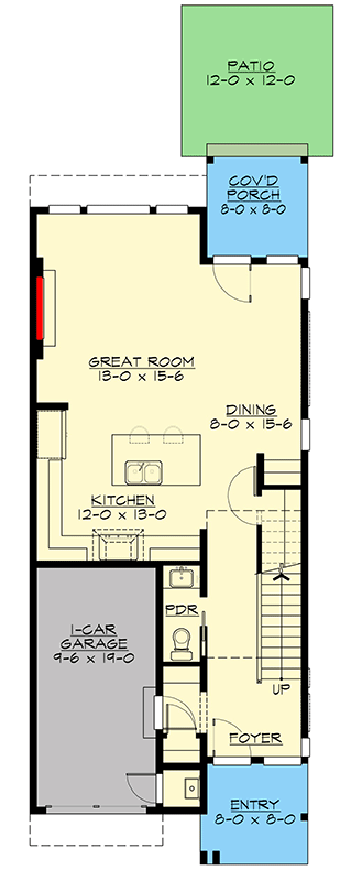Plan 23880JD: Narrow Contemporary Two-Story Home Plan with Single Garage Bay - 1736 Sq Ft - Floor Plan - Main Level - Contemporary, Modern, Northwest
