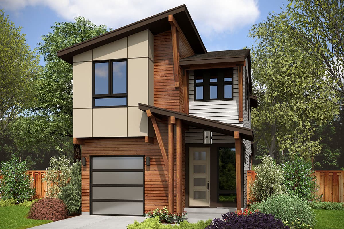 Modern two-story house plan exterior with wood siding, beige panels, angled roof, and attached garage.