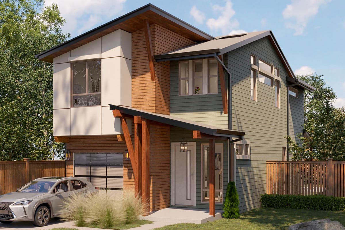 House plan exterior showing a two-story modern home with mixed siding, angled rooflines, exposed wood beams, and a prominent front entrance.