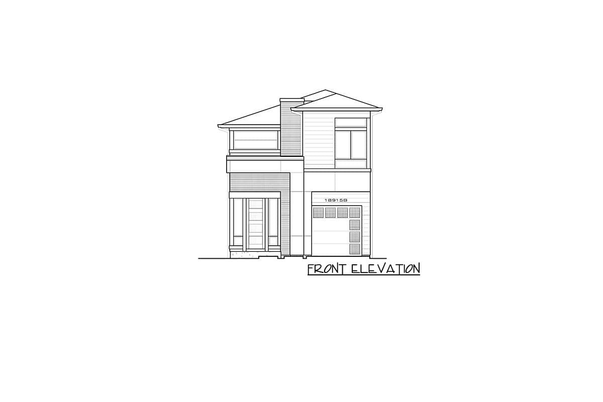 Front elevation drawing of a two-story house plan with a garage, prominent chimney, and covered entry.