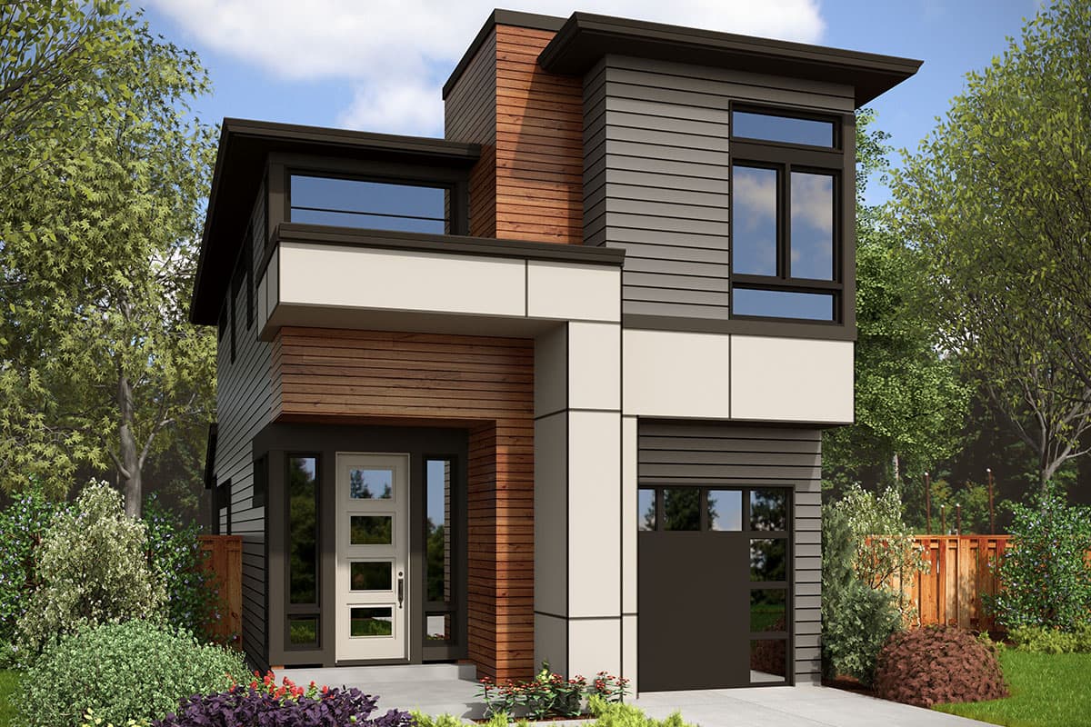 House plan exterior. Modern style, two-story home. Features include flat rooflines, wood siding, and an attached garage.