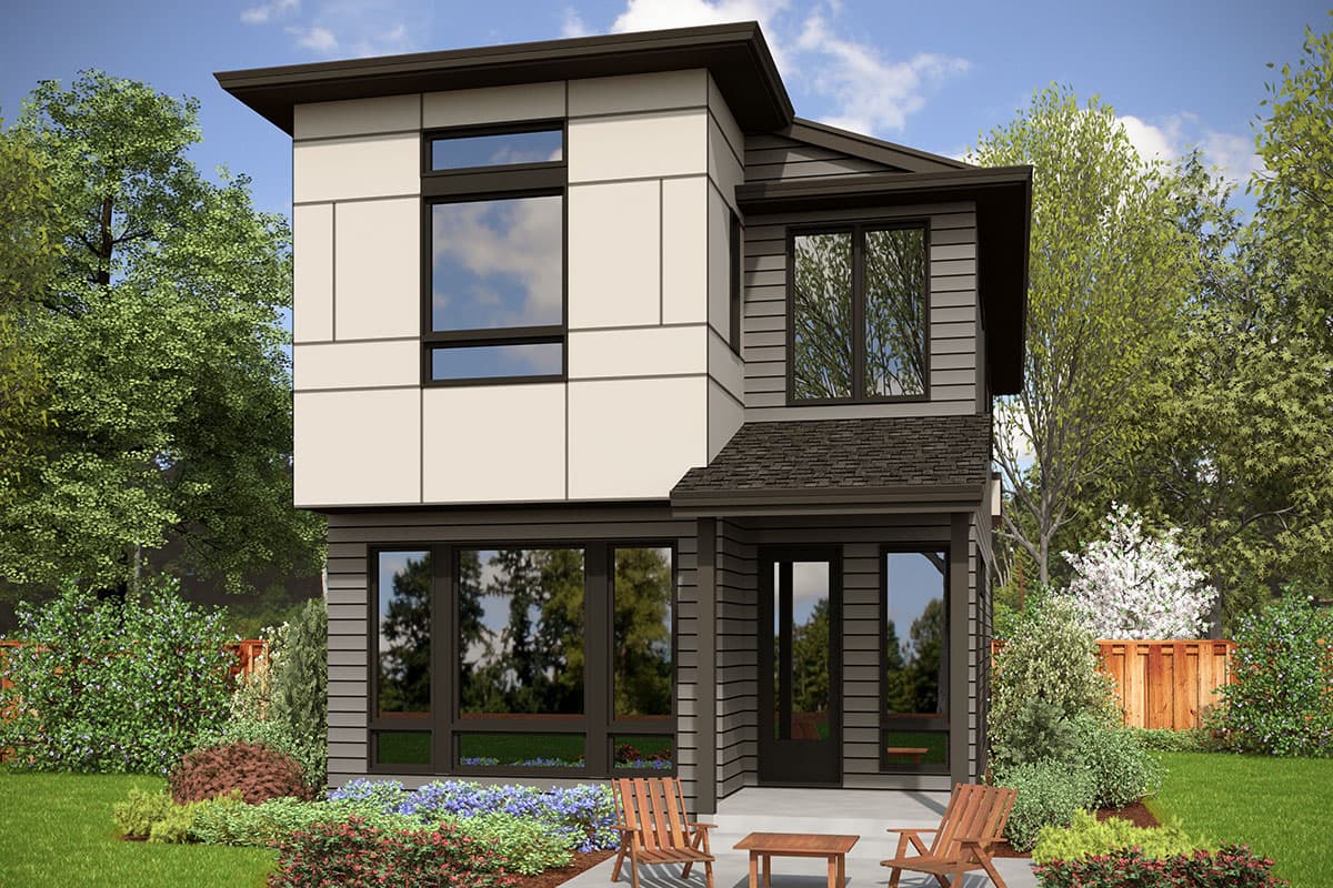 Modern style two-story house plan exterior featuring asymmetrical facade, large windows, and contrasting siding.