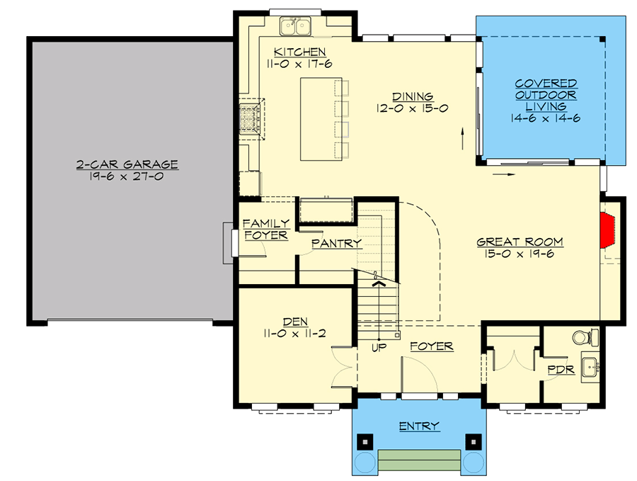 Plan 23882JD: Two-story Mountain Craftsman Home Plan with Den and Bonus Room - Floor Plan - Main Level - Craftsman, Mountain, Northwest, Prairie