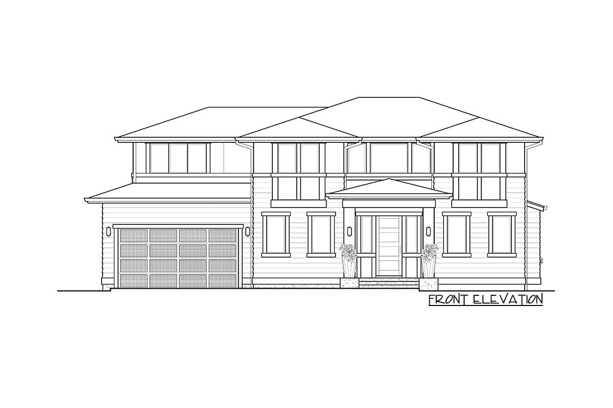 Front elevation drawing of a two-story house with a prominent entry porch, double garage, and layered rooflines.