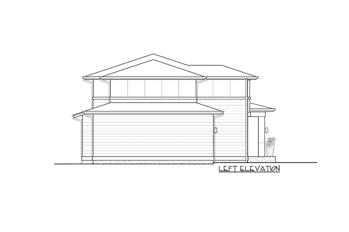 Left elevation of a two-story house plan featuring horizontal siding, layered rooflines, and visible windows.