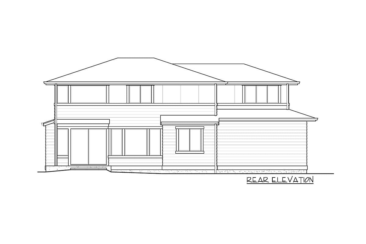 Rear elevation drawing of a two-story house plan with horizontal siding, large windows, and sliding glass doors.
