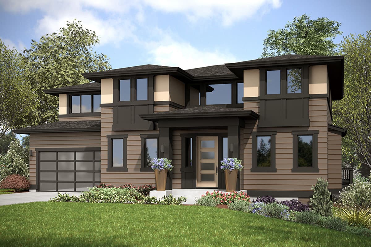 Modern house plan exterior: two-story, dark trim, horizontal siding, covered entry porch, multi-pane windows, attached garage.