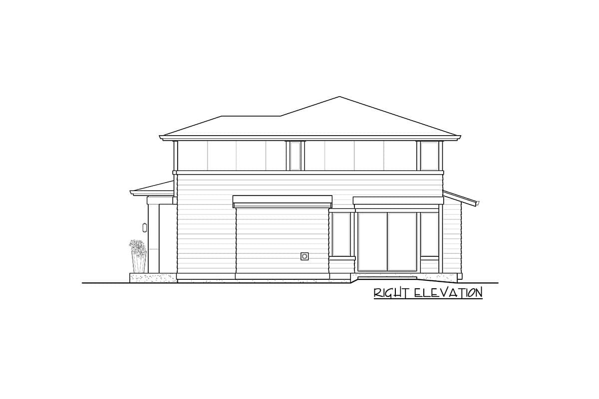 House plan, right elevation showing a two-story building with horizontal siding, a hip roof, and large sliding glass doors.