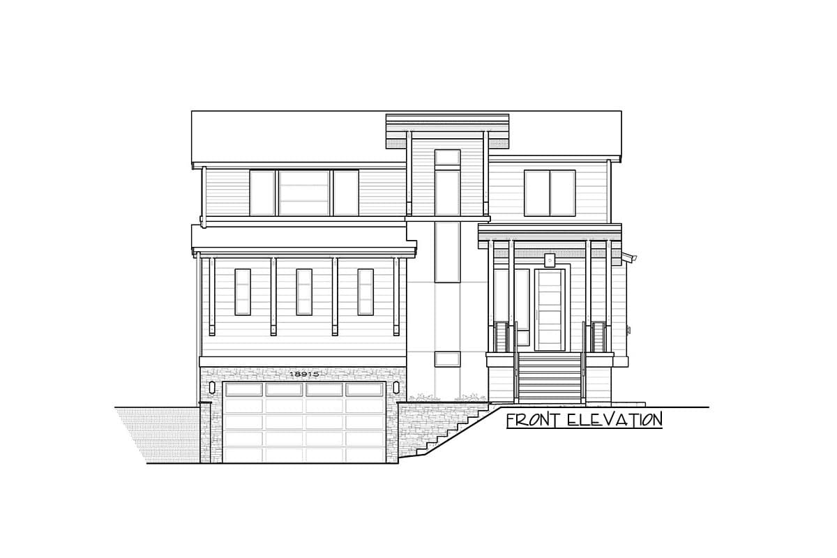 Front elevation drawing of a two-story house plan with a two-car garage, covered porch, and horizontal siding.