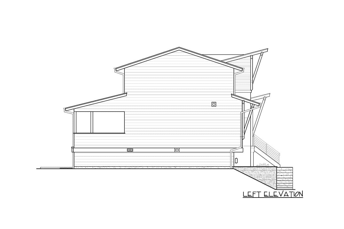 Left elevation drawing of a two-story house with horizontal siding, sloped rooflines, and exterior stairs.