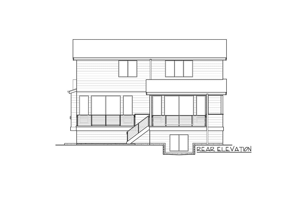 Rear elevation drawing of a two-story house plan featuring a covered rear porch with horizontal railings and multiple windows.