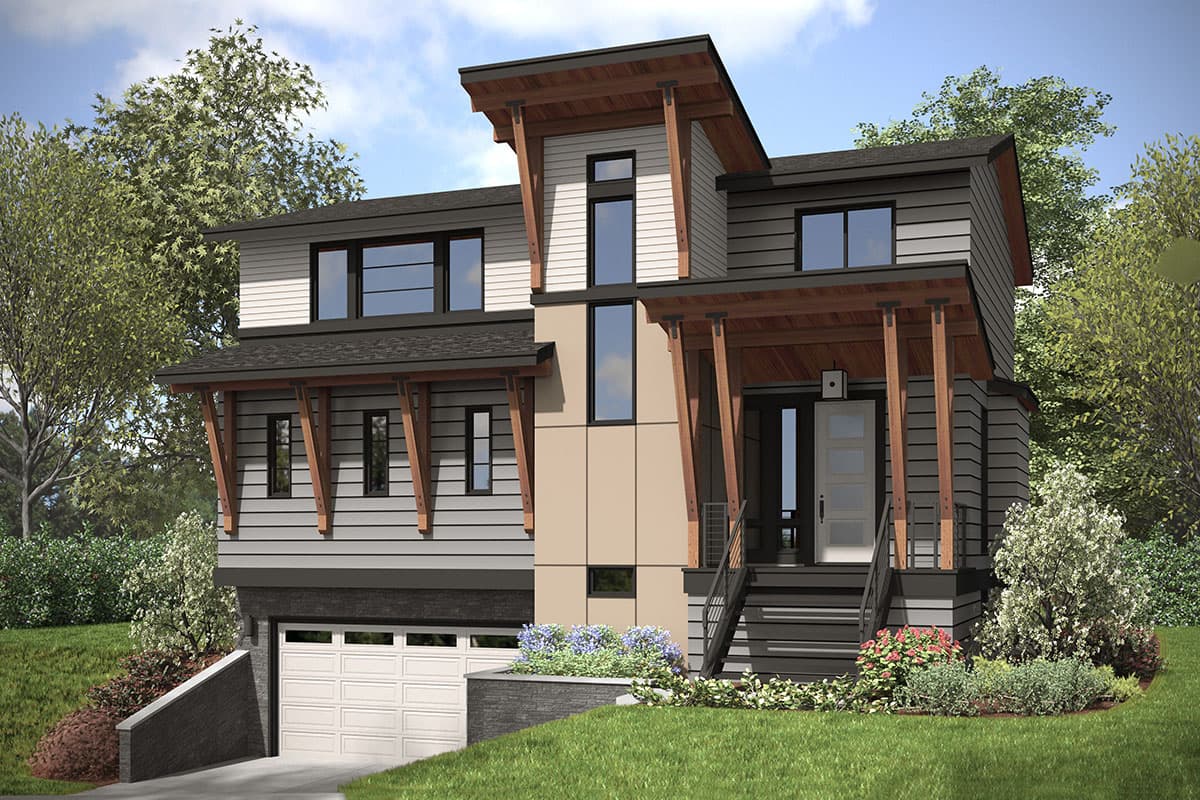 House plan exterior. Two-story modern home with exposed rafter tails, shed roof, and garage. Entry features a covered porch and stairs.