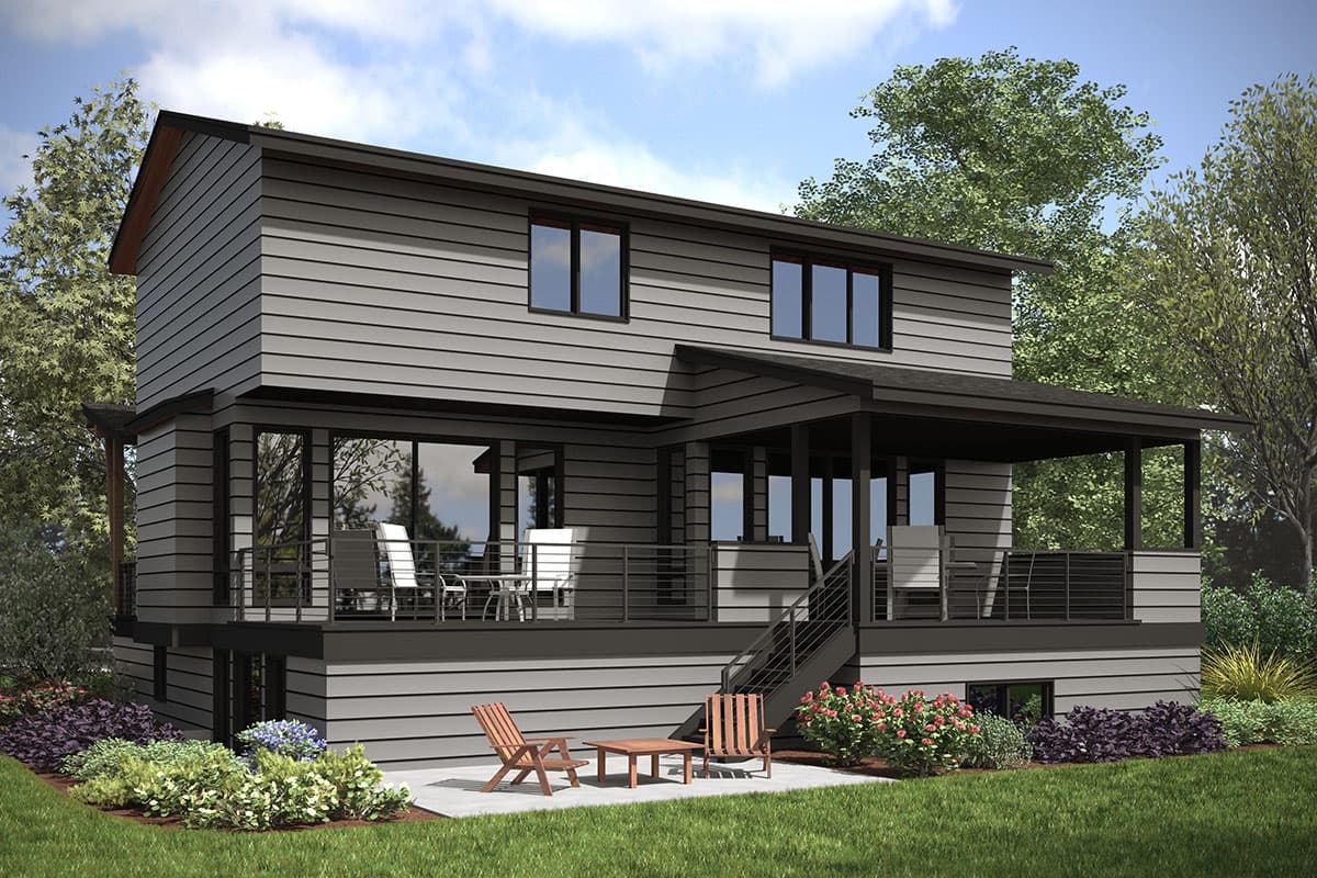 Two-story Modern house plan exterior with horizontal siding, wraparound deck, covered porch, and numerous large windows.