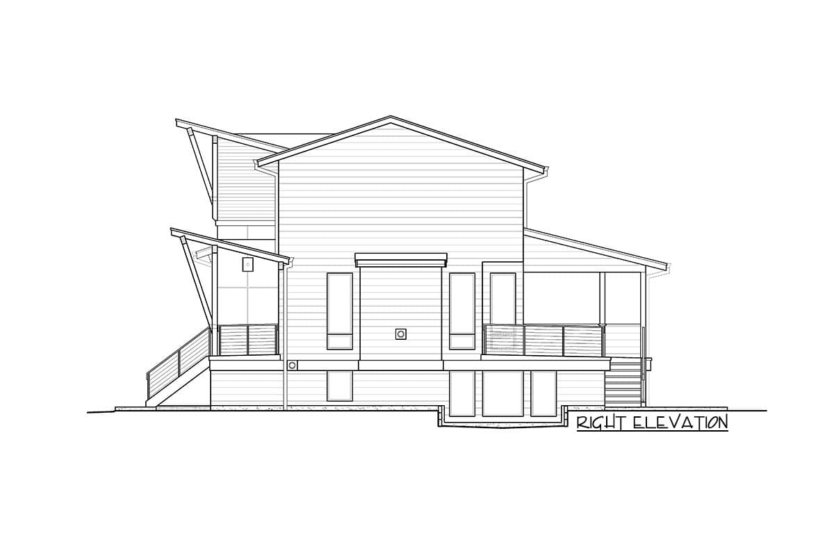 Right elevation house plan showing a multi-story structure with a shed roof, covered porch, and angled eaves.