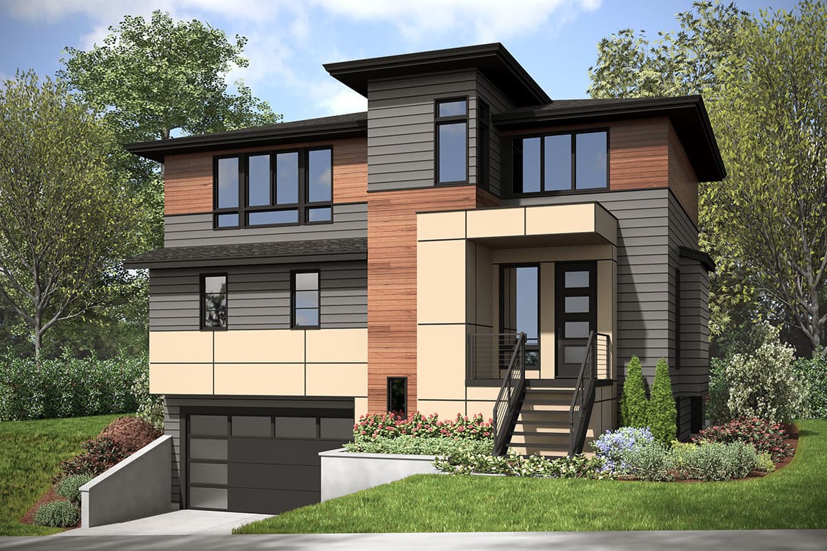 Modern house plan exterior with two stories, integrated garage, horizontal siding, wood accents, and a covered entryway with stairs.