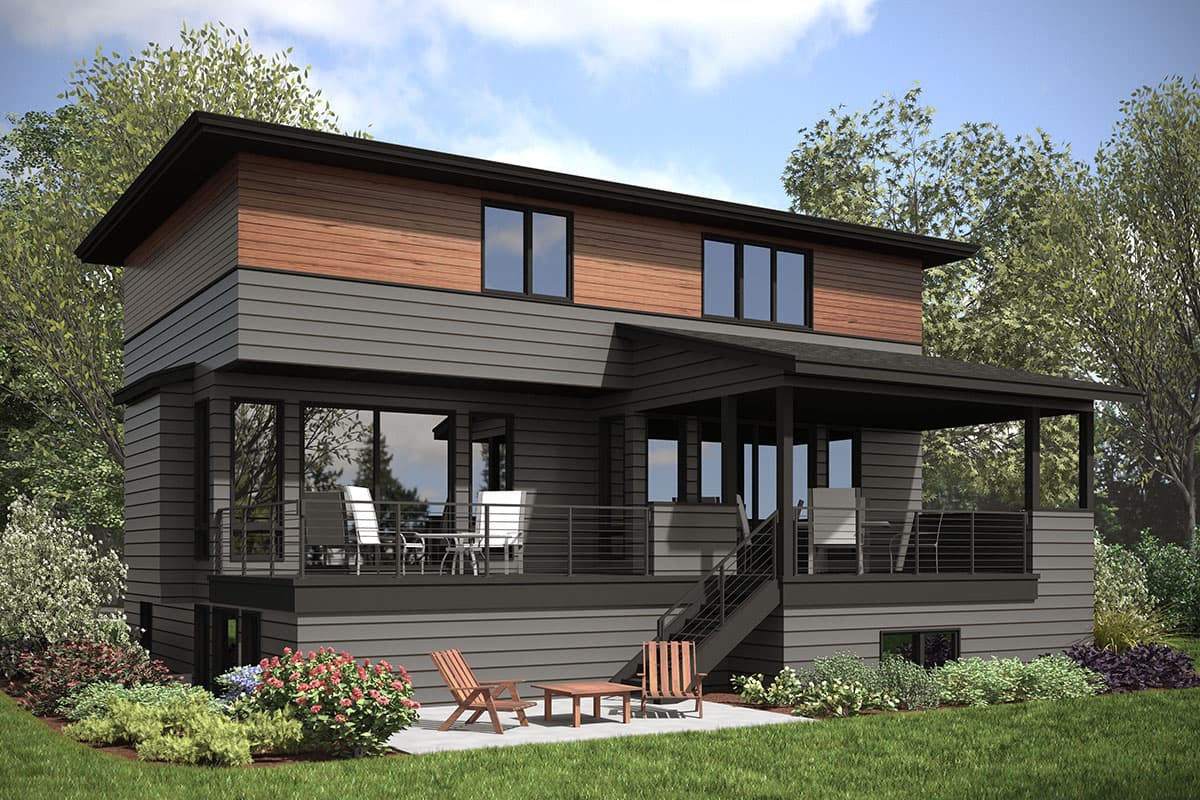 Modern two-story house plan exterior with wood siding accents, a covered porch, and a wraparound deck.