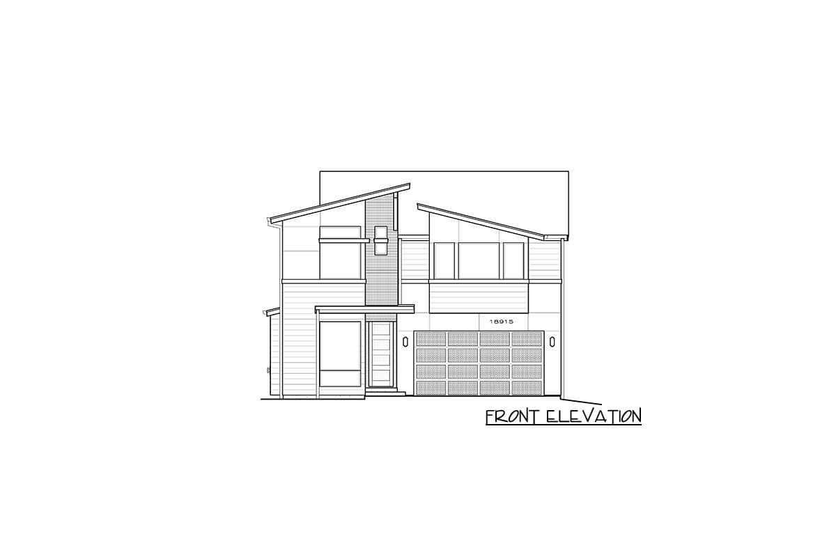 Front elevation drawing of a two-story house with a modern style, asymmetrical rooflines, large windows, and a two-car garage.