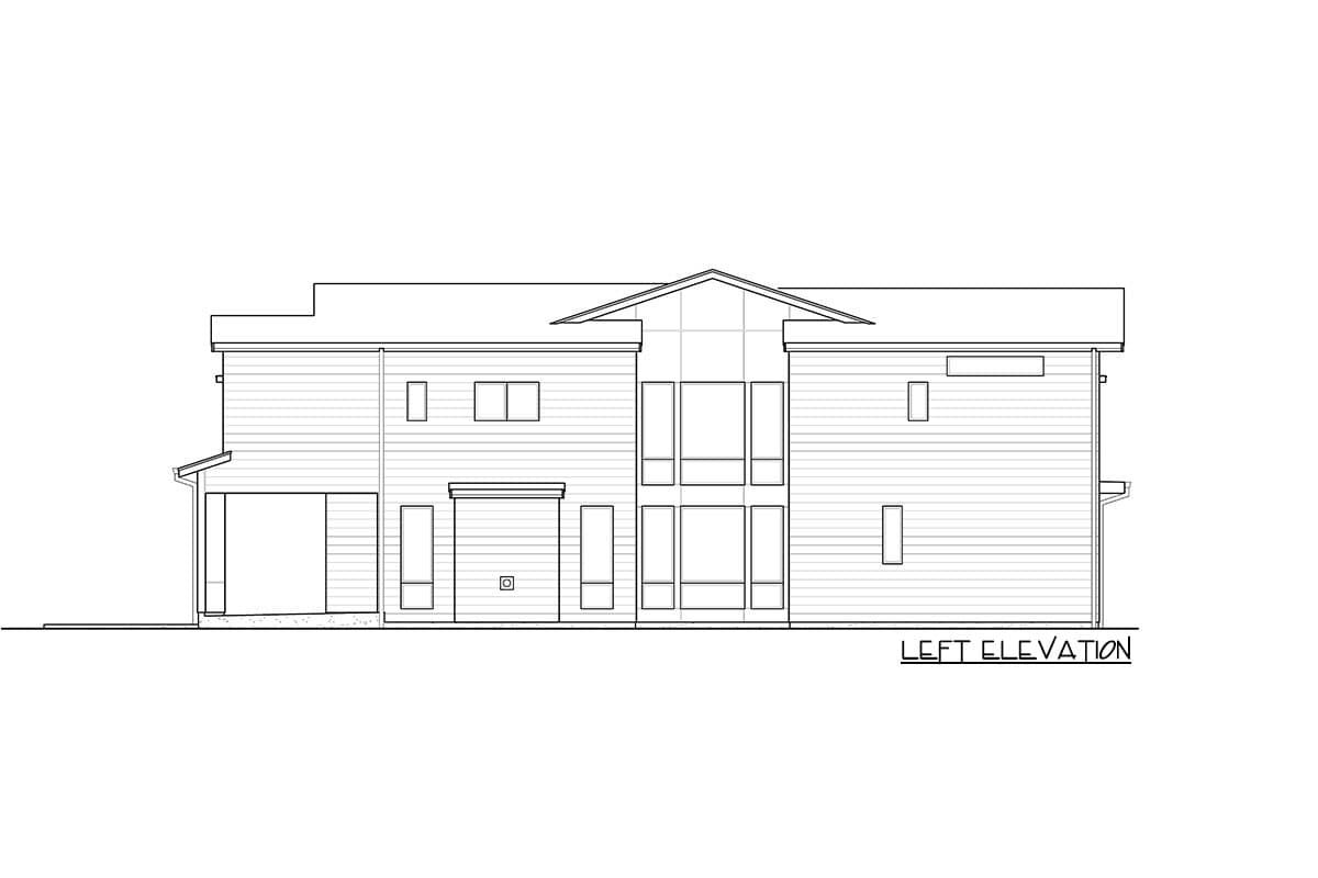 Left elevation drawing of a two-story house with a pitched roof, horizontal siding, attached garage, and large front windows.