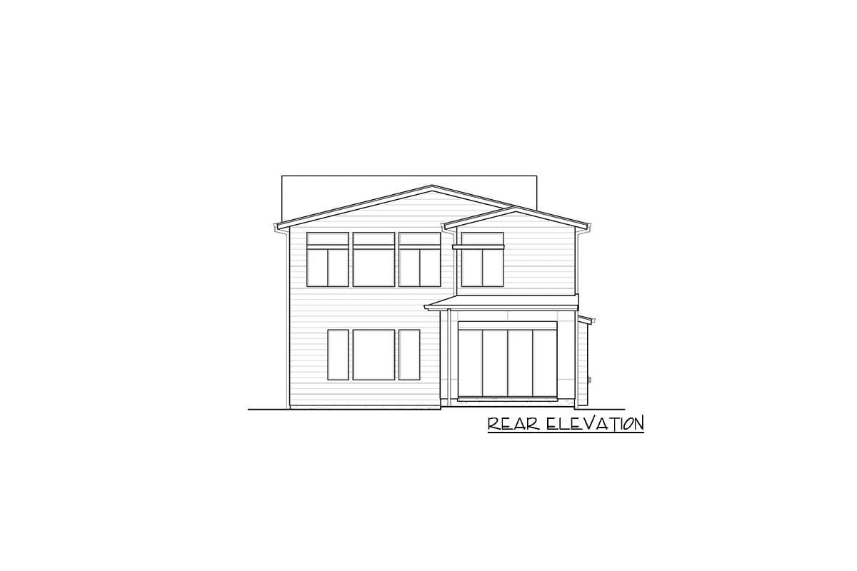Rear elevation drawing of a two-story house plan with a prominent gable, multiple windows, and a covered patio.