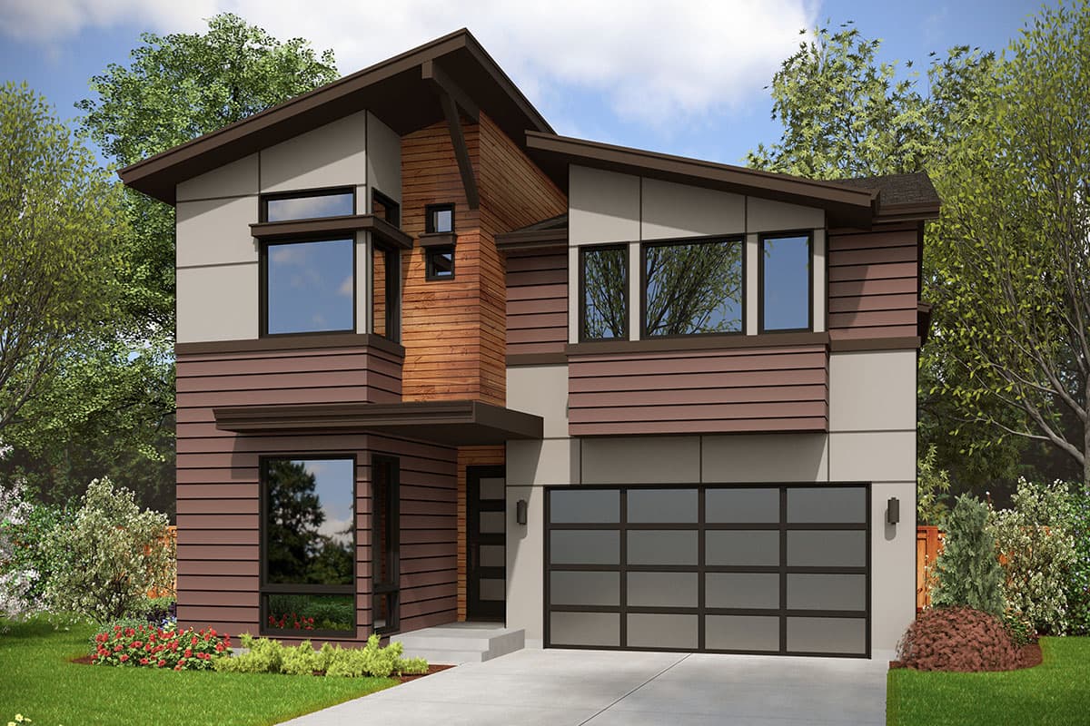 Modern two-story house plan exterior with angled rooflines, wood siding, and glass-panel garage door.