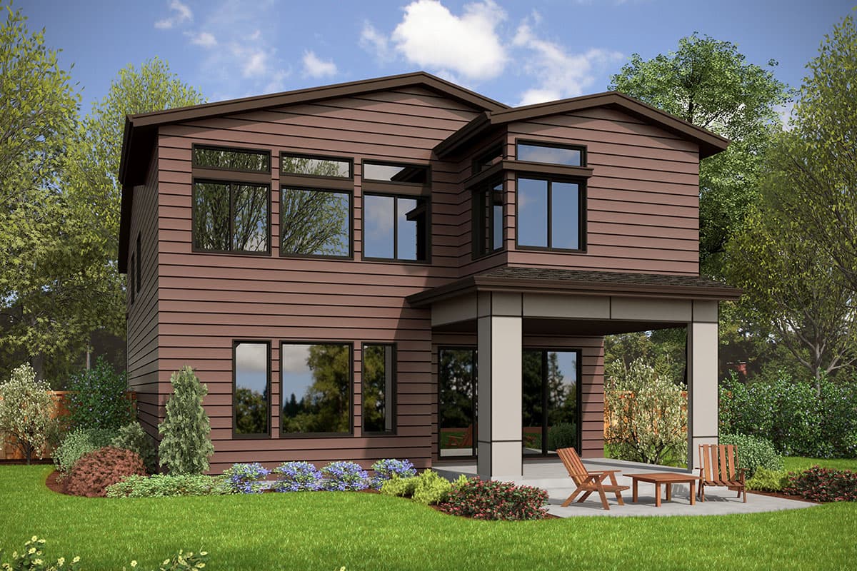 Modern two-story house plan exterior with horizontal siding, a covered patio, and numerous large windows.