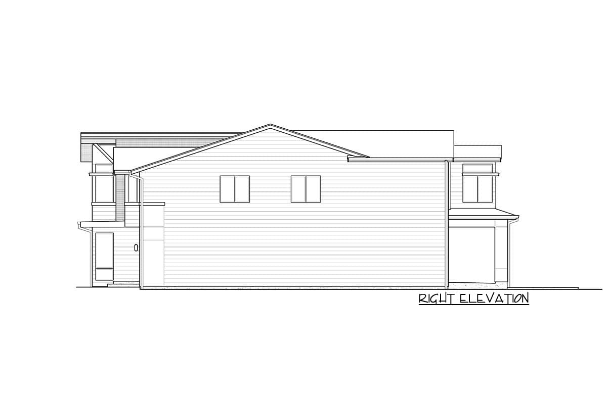 Right elevation drawing of a two-story house plan with pitched roof, two upper windows, and covered porch entrance.