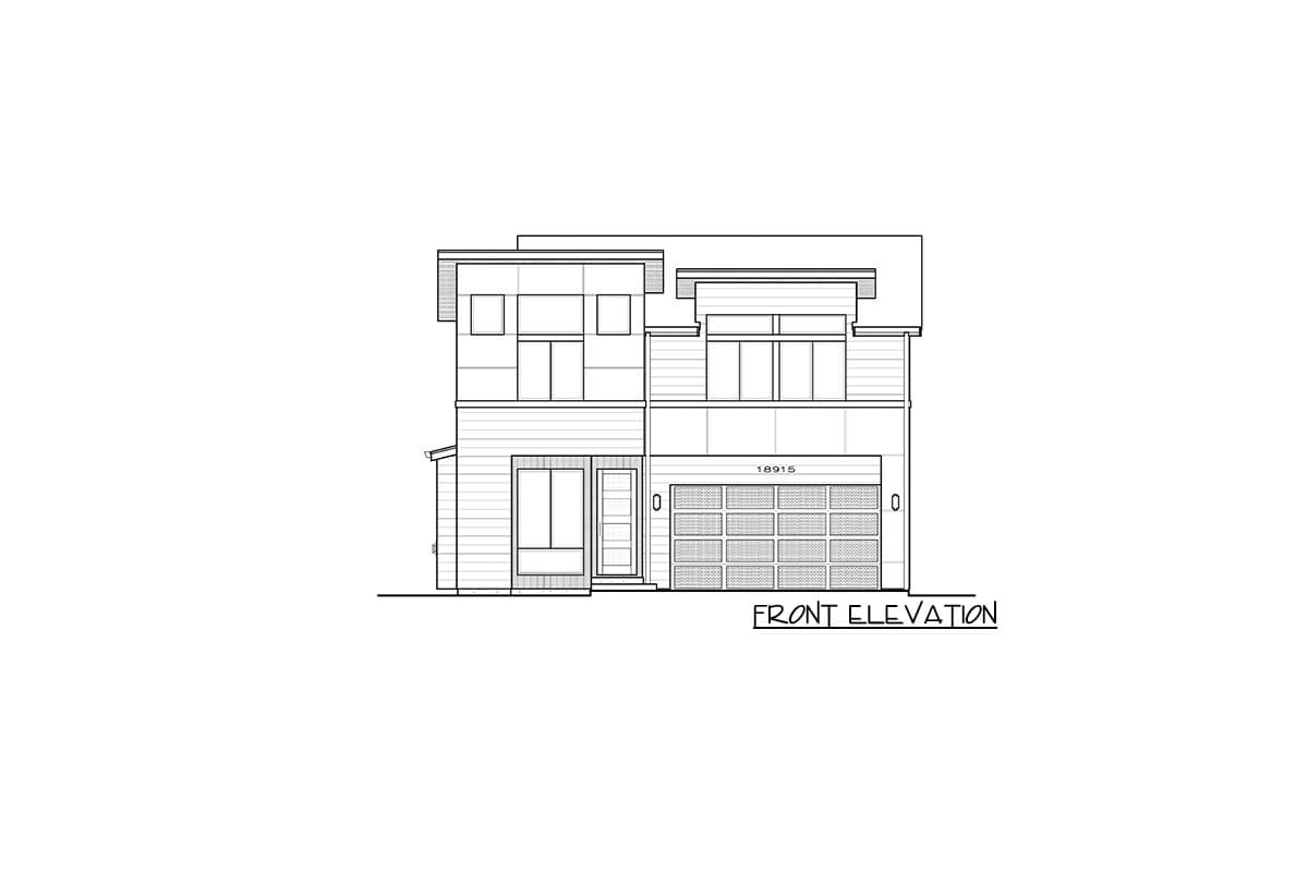 Front elevation drawing of a two-story house with a modern style, featuring a prominent garage, multiple windows, and stacked geometric rooflines.