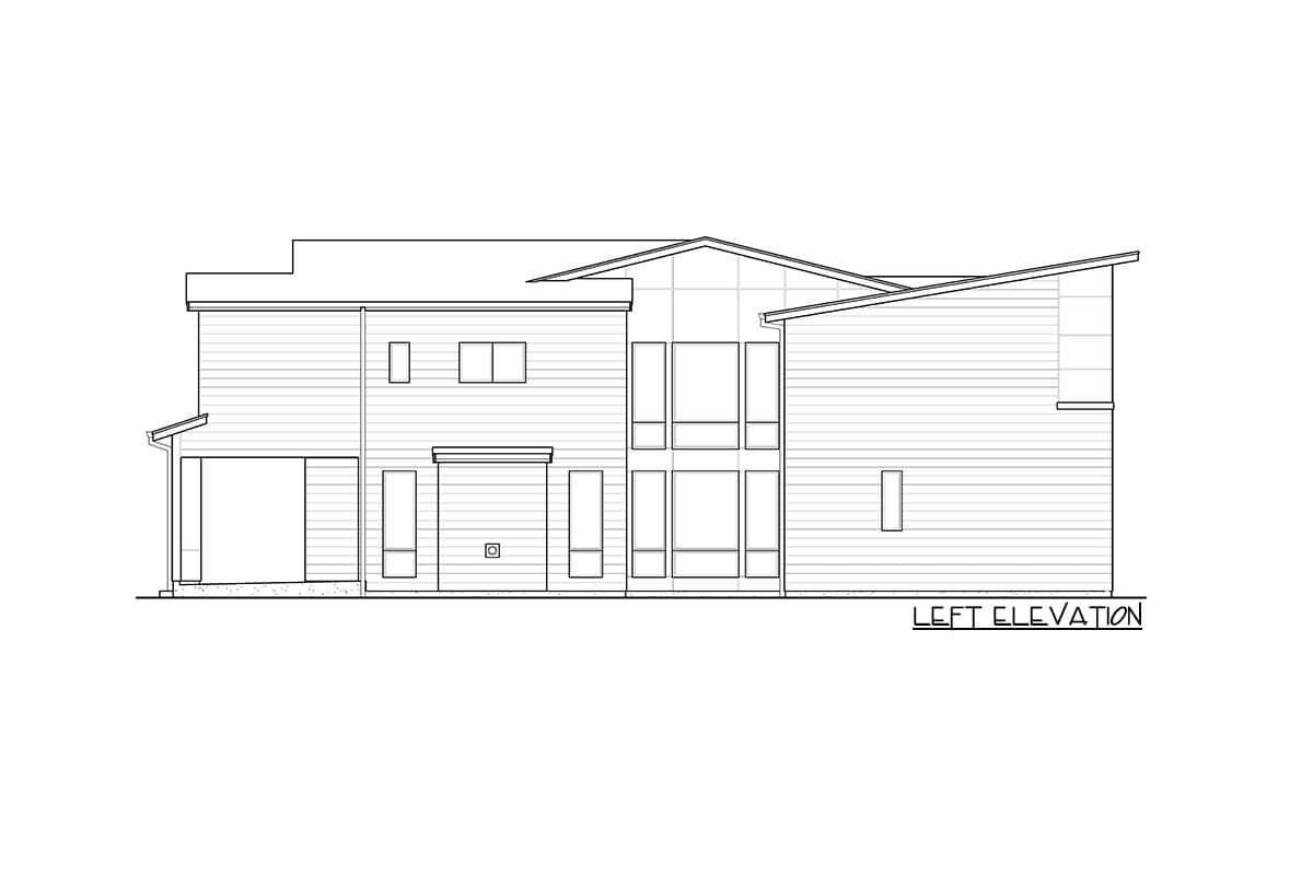 Left elevation of a two-story house plan featuring a pitched roof, large windows, and an attached garage.