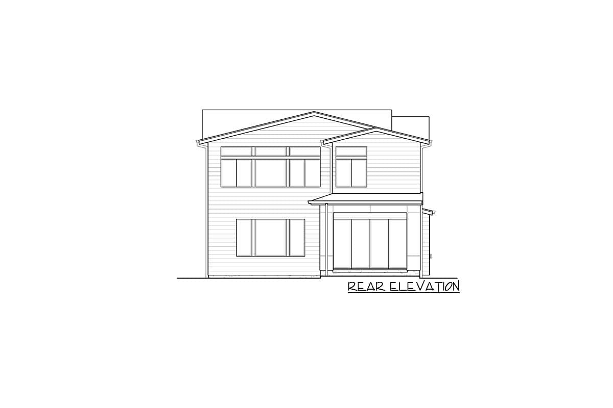 Rear elevation drawing of a two-story house with horizontal siding, multiple windows, and large glass doors.