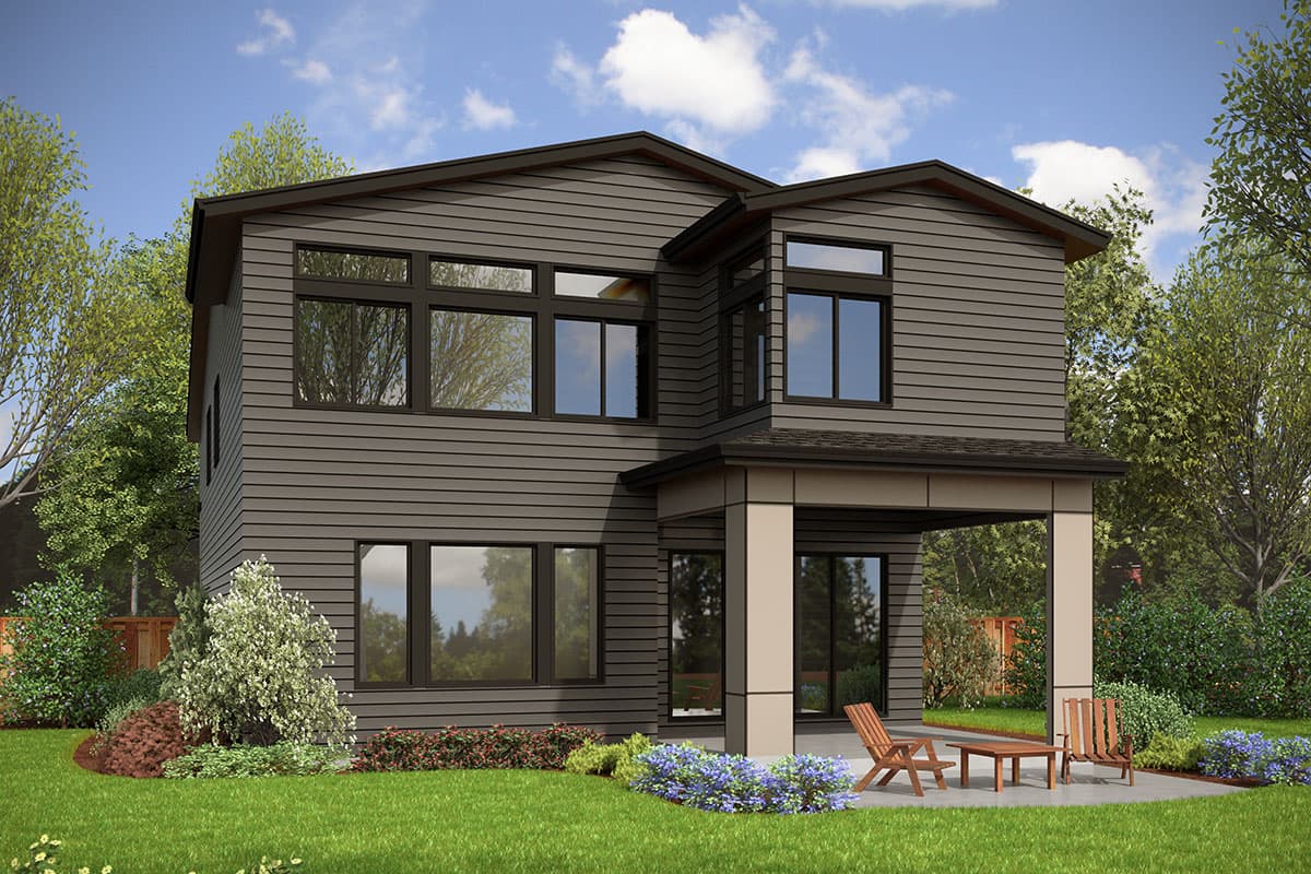 Modern two-story house plan exterior with horizontal siding, large windows, and a covered patio.