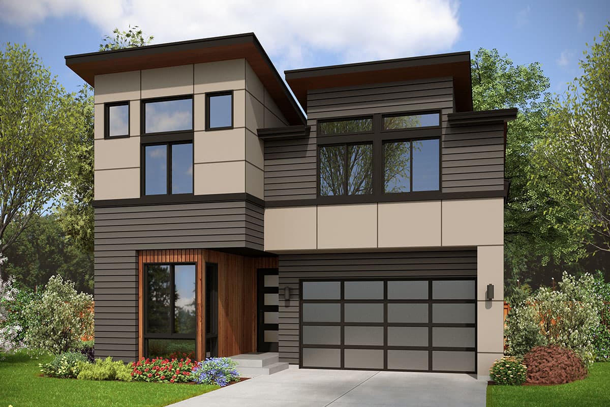 House plan exterior. Modern style, two-story home with flat rooflines, a garage, and large windows. Exterior features horizontal siding and paneling.
