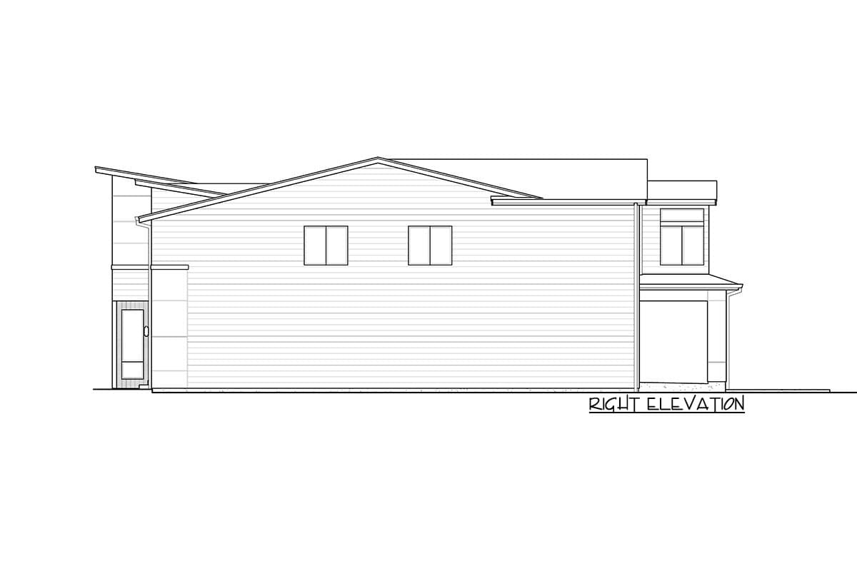 Right elevation drawing of a two-story house plan featuring a pitched roof, horizontal siding, and a covered entrance.