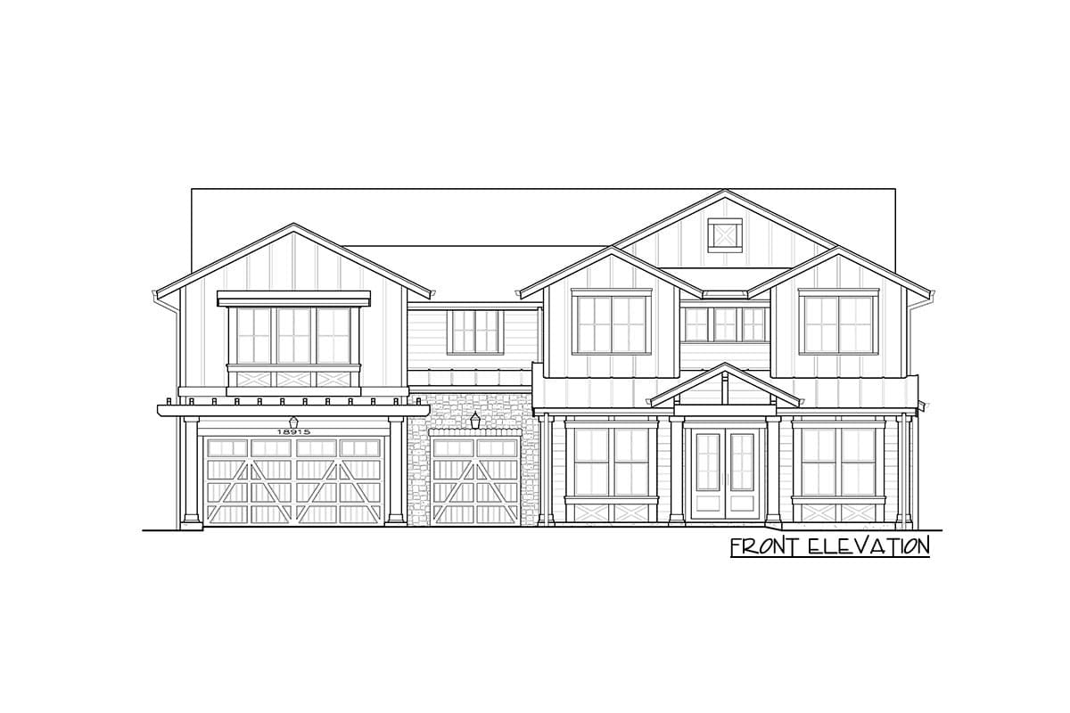 Front elevation drawing of a two-story house with a gable roof, dormers, a covered porch, and two garage doors.