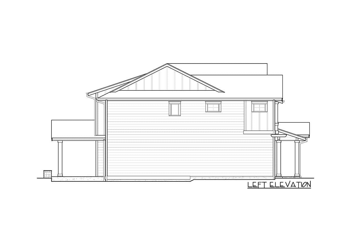 Left elevation house plan showing a two-story structure with horizontal siding, gabled roof, and covered porches.