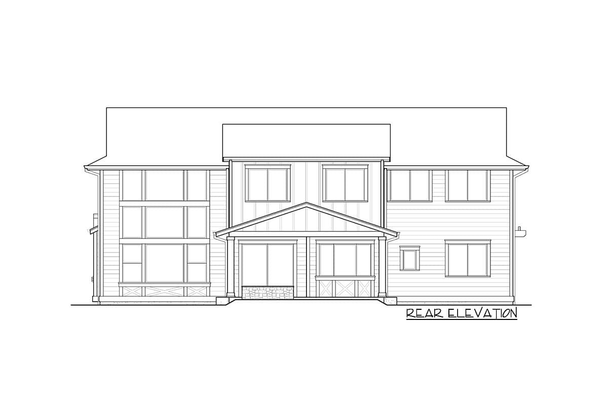 Rear elevation house plan. Features multi-story windows on the left, a central gable over covered patios, and varied window placements.