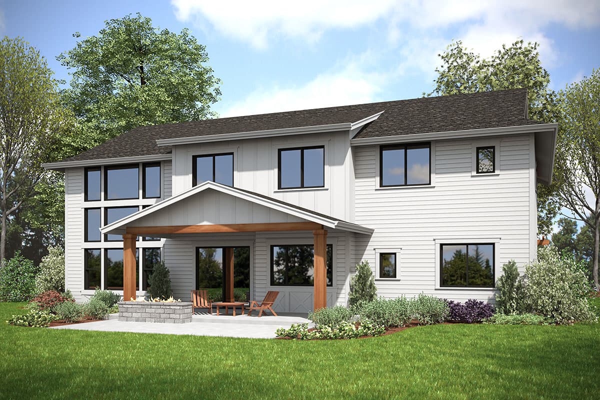Two-story house plan exterior with a covered patio, horizontal siding, and a gable roofline.