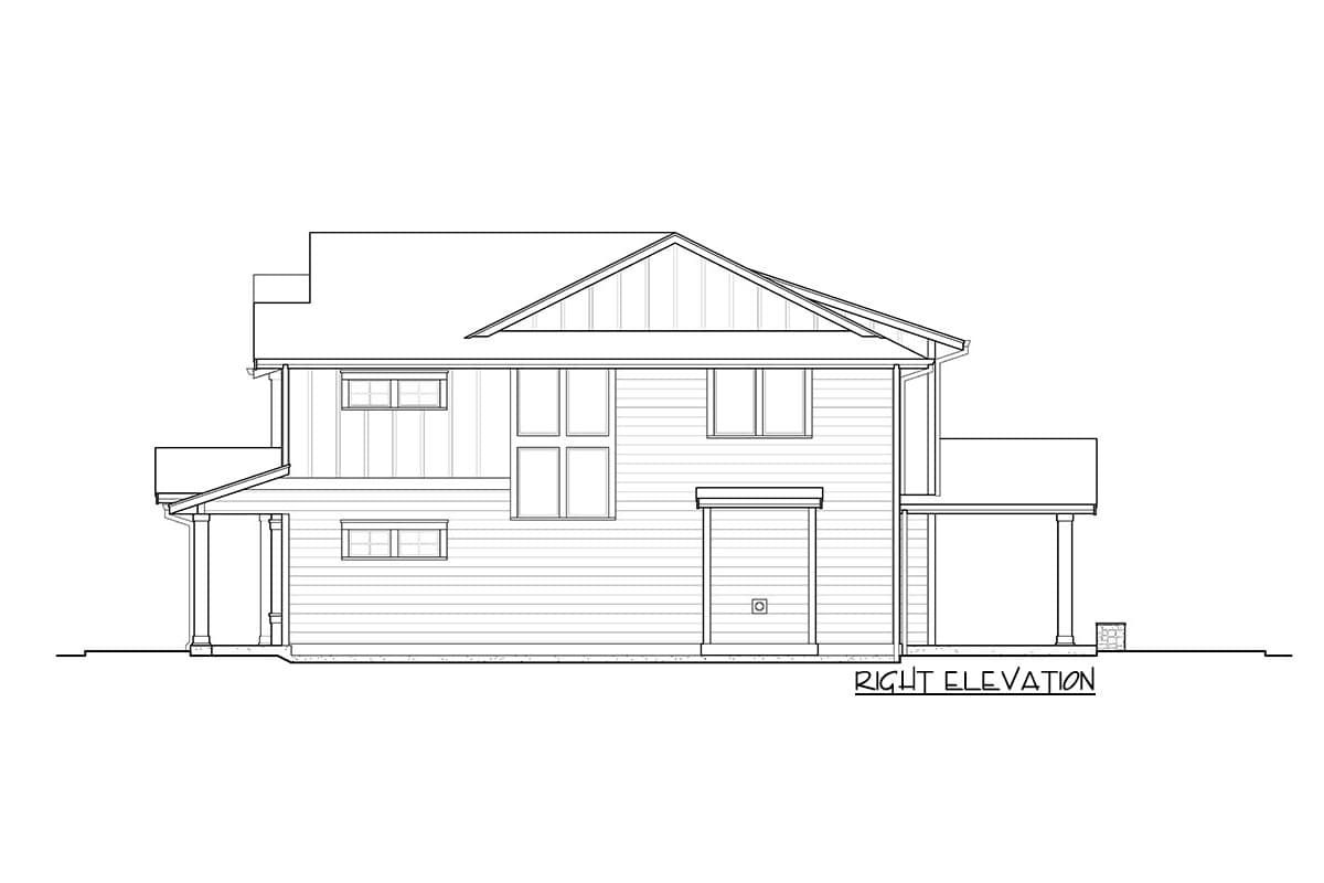 Right elevation of a two-story house plan featuring horizontal siding, a gabled roofline, dormers, a covered porch, and an attached garage.