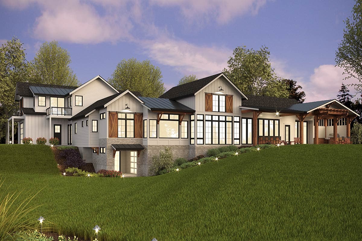 Modern Farmhouse house plan exterior with multiple gables, board and batten siding, stone accents, large windows, and a covered patio.