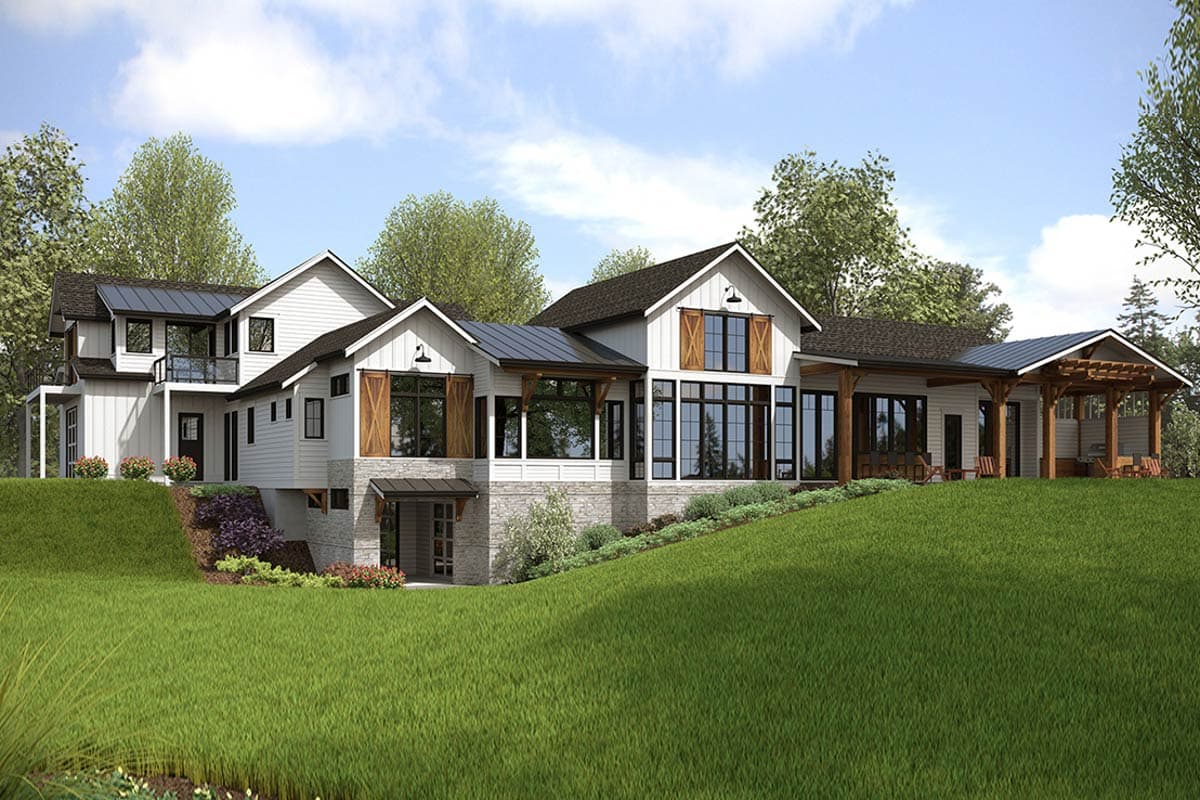 Plan 23895JD: Luxury New American Farmhouse Plan with Tall Ceilings above Great Room - 6589 Sq Ft - Image #4 - Country, Modern Farmhouse, New American, Northwest, Rustic