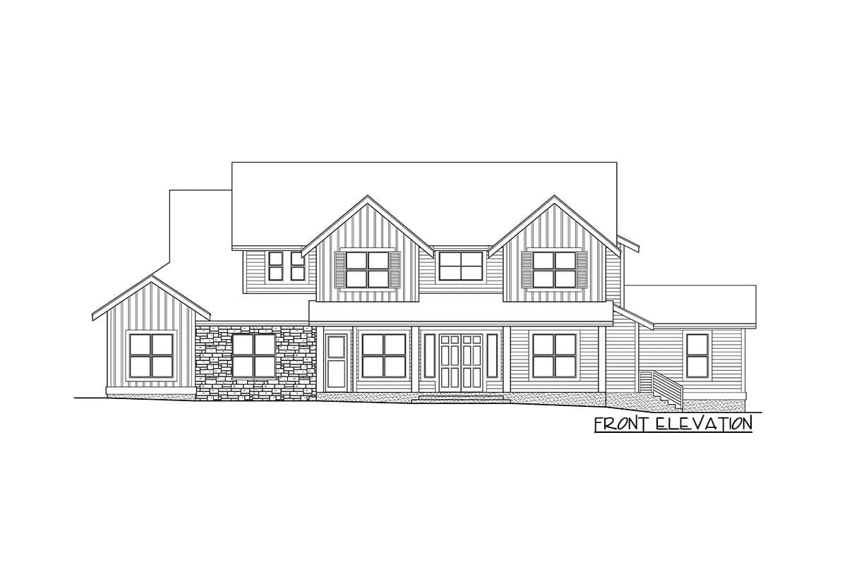 Front elevation drawing of a two-story house plan with a covered porch, stone facade, and multiple gables.