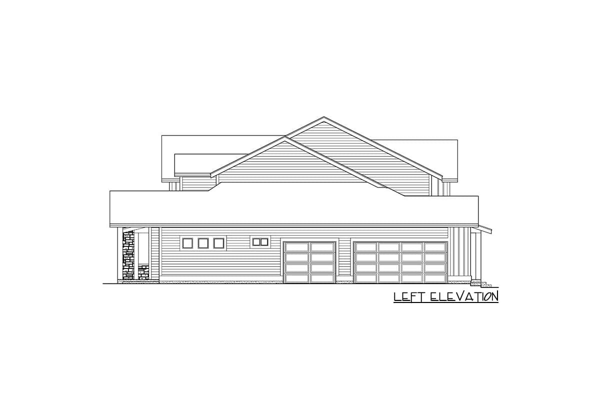 Left elevation house plan showing a multi-level home with a three-car garage and pitched rooflines.