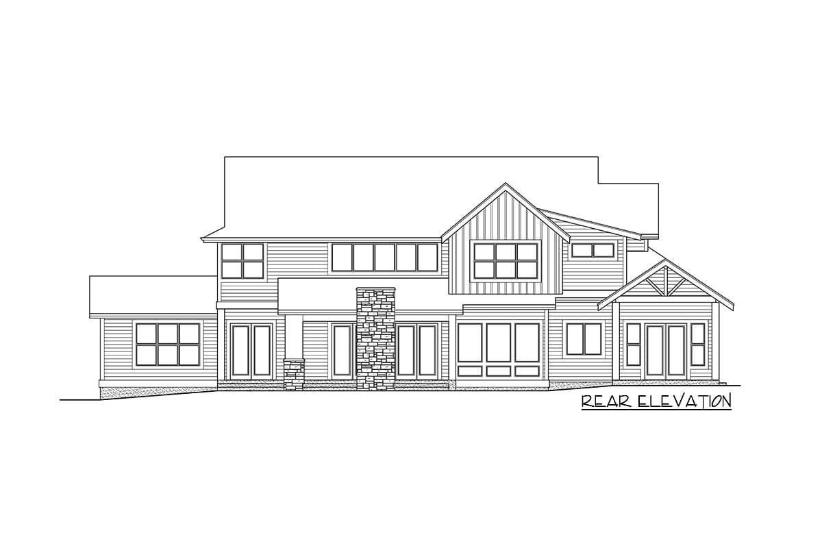 Rear elevation of a two-story house plan with a stone chimney, multiple gables, and a mix of siding and vertical paneling.