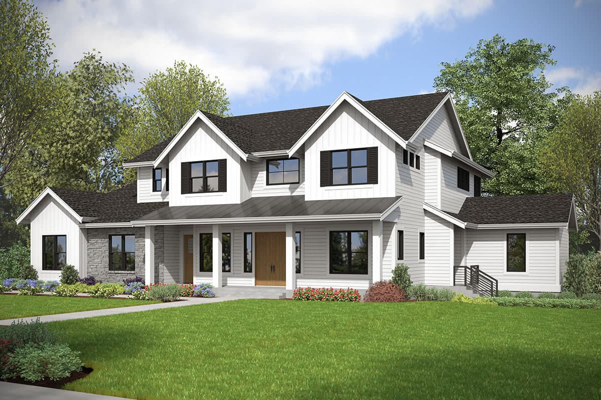 House plan exterior. Two-story Modern Farmhouse with gabled roof, covered porch, and horizontal siding. Features include multiple gables and dormers.