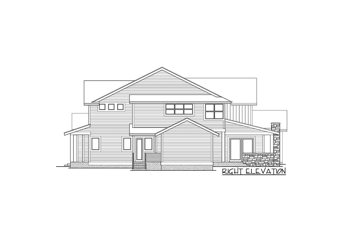 Right elevation of a two-story house plan featuring a gabled roof, horizontal siding, multiple windows, and a stone chimney.