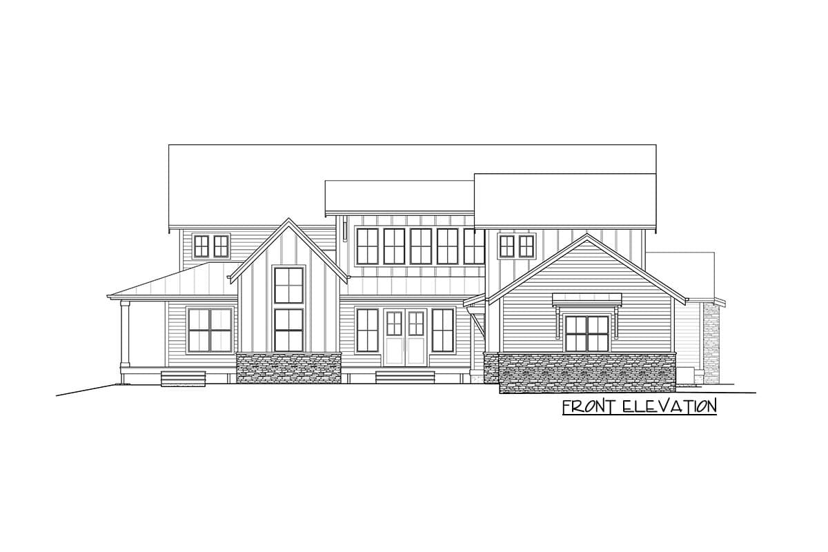 Front elevation drawing of a two-story house with gables, a covered porch, and stone accents.