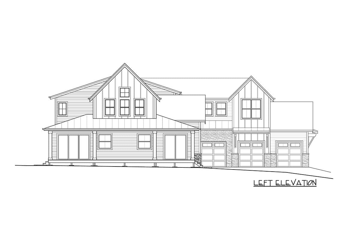 Left elevation house plan showing a Modern Farmhouse style with multiple gables, a covered porch, and a five-car garage.
