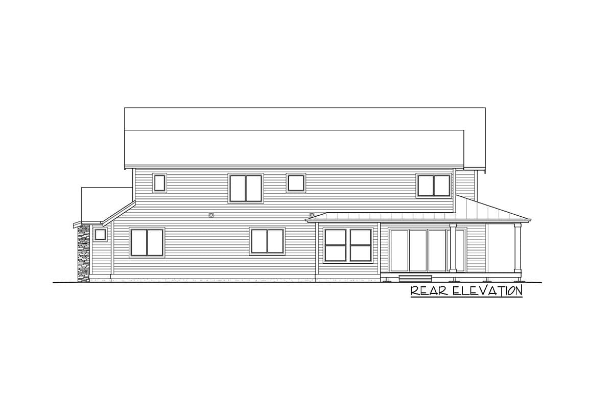 Rear elevation house plan: two stories, siding, multiple windows, and covered porch with columns.