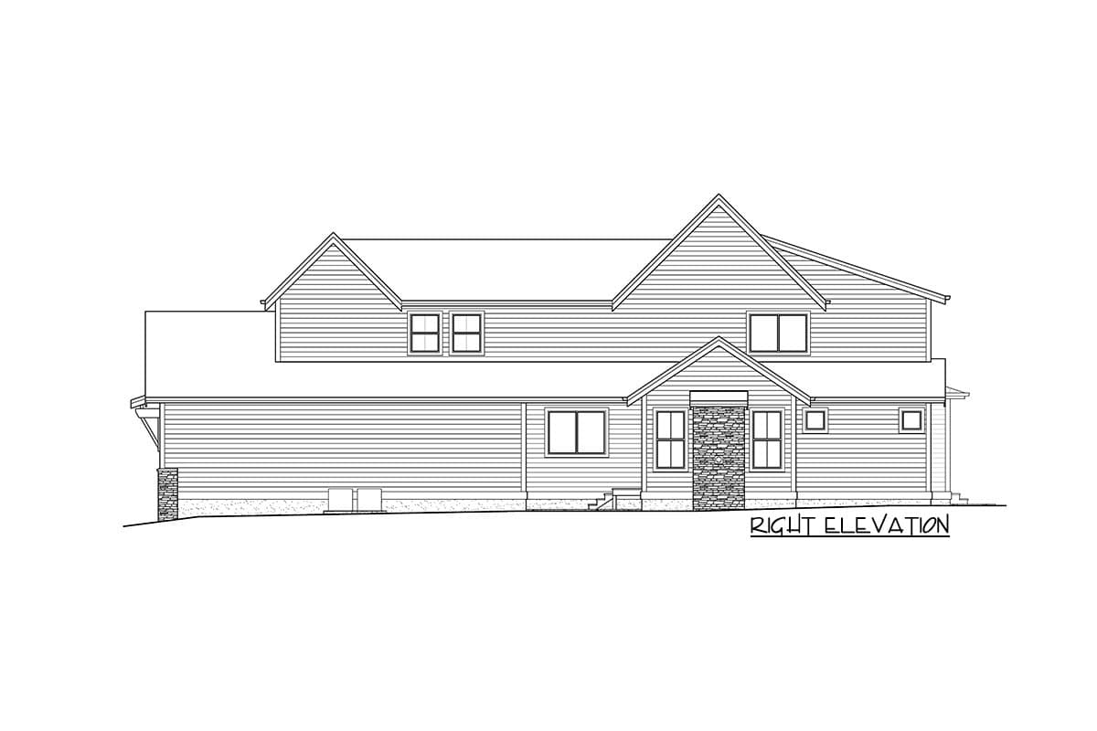 Right elevation house plan with a layered roofline, gable dormers, stone-accented entrance, and horizontal siding.