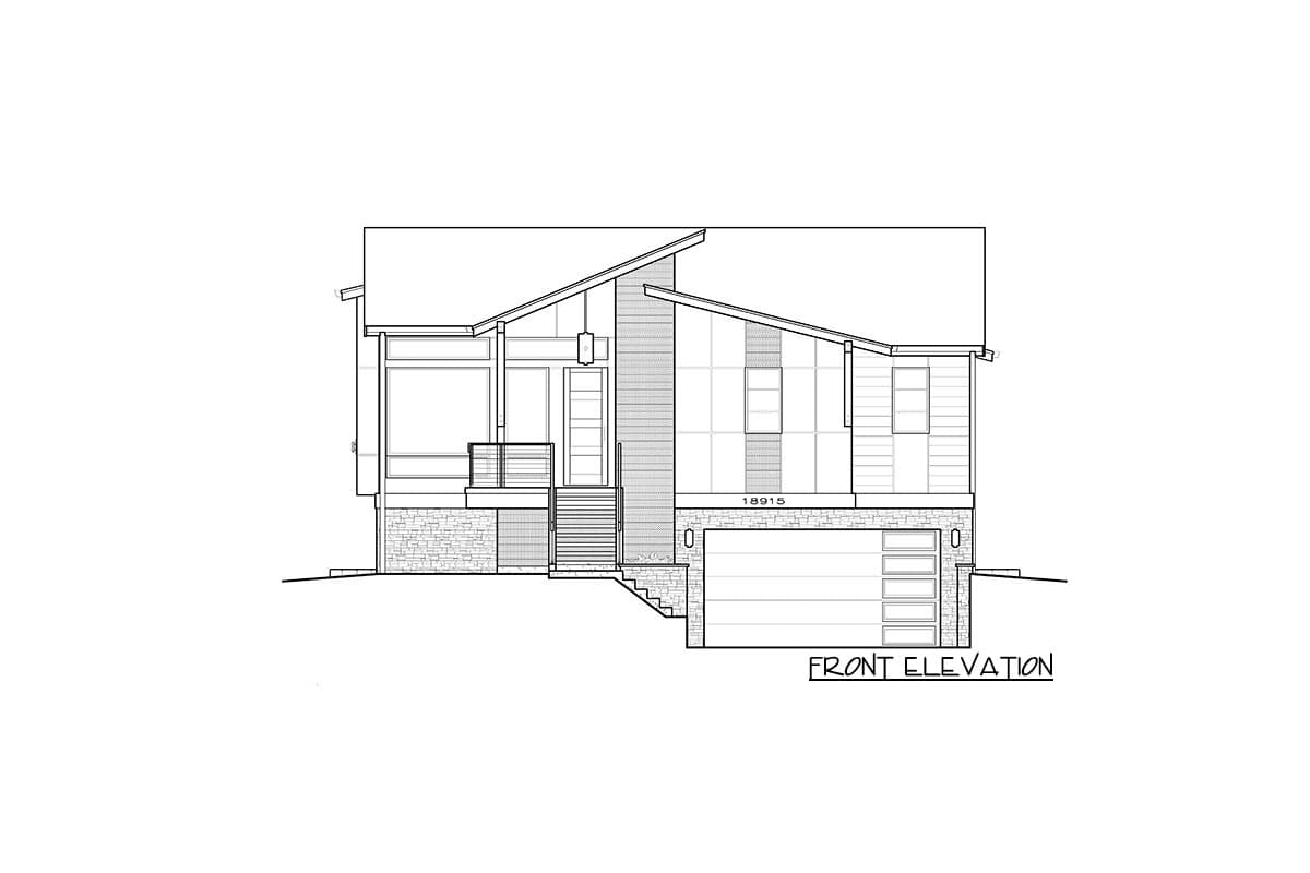 Front elevation drawing of a two-story house with a pitched roof, prominent windows, covered entryway, and attached garage.