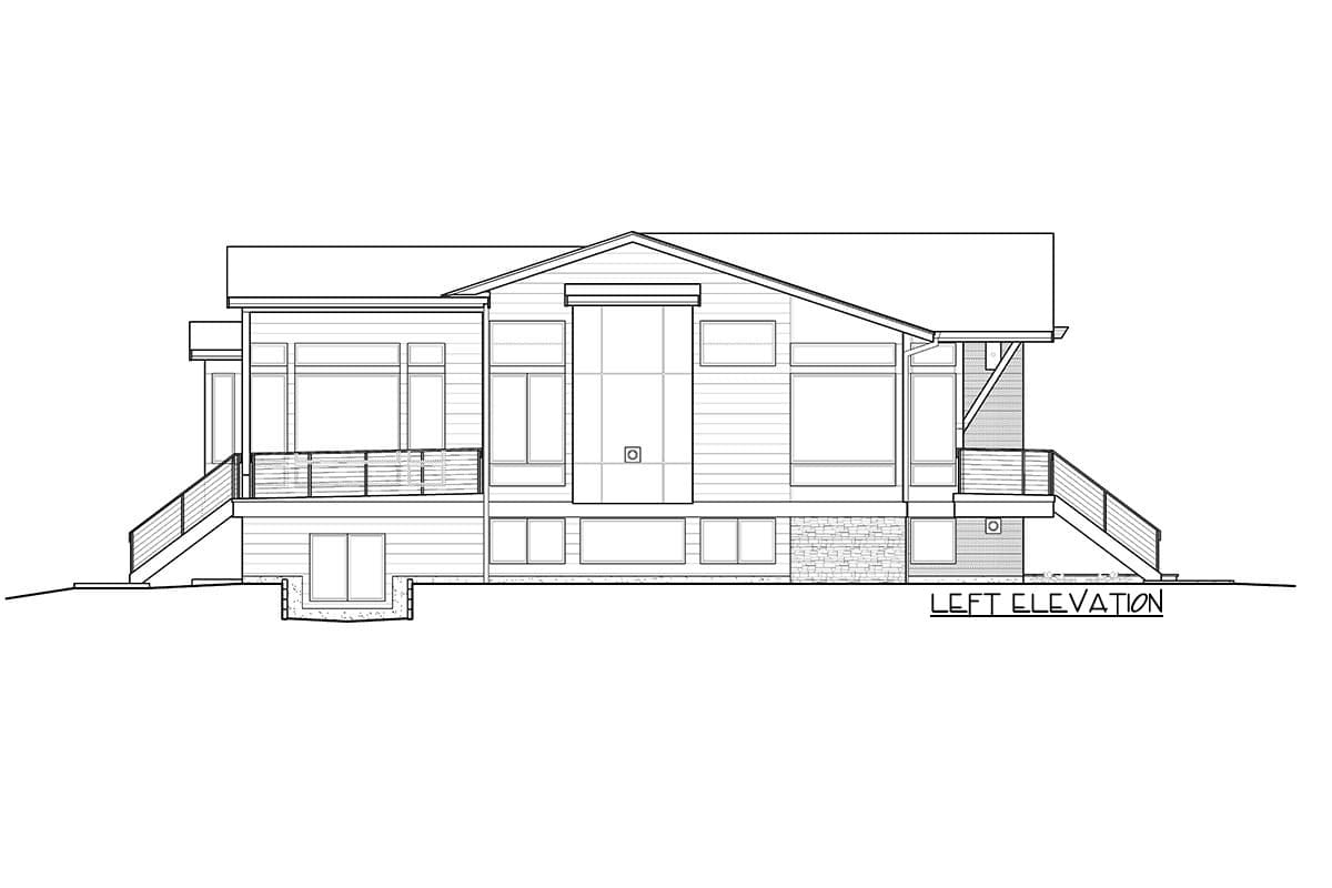 Left elevation house plan showing a modern style with multiple gables, extensive windows, covered deck, and stone accent siding.